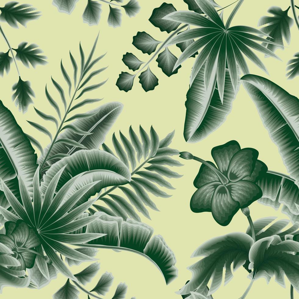 green monochromatic palm leaf, fern and banana leaves tropical plants seamless pattern on pasttel yellow backgroud with hibiscus flower drawing. jungle print. exotic summer. floral background. nature vector