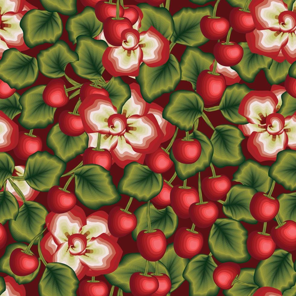 red cherries fruit with green leaves and beautiful abstract flowers tropical seamless pattern plants. fashionable design. Design for fabric texture, wallpaper or wrap papers. fruits wallpaper. nature vector