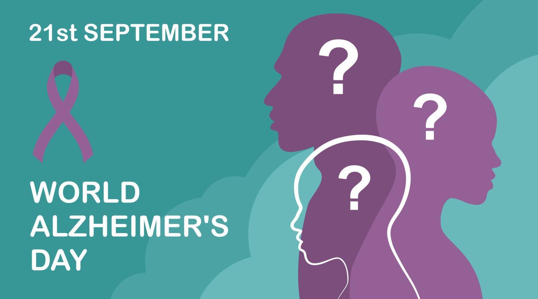 TURQUOISE VECTOR HORIZONTAL BACKGROUND WITH LILAC SILHOUETTES OF HUMAN HEADS AND QUESTION MARKS FOR ALZHEIMER'S DAY