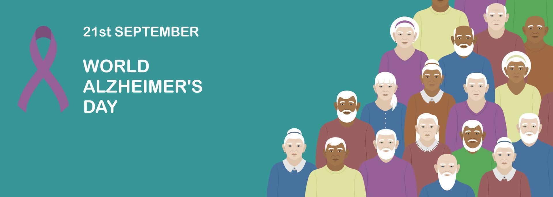 TURQUOISE VECTOR HORIZONTAL BACKGROUND WITH A CROWD OF ELDERLY PEOPLE FOR ALZHEIMER'S DAY