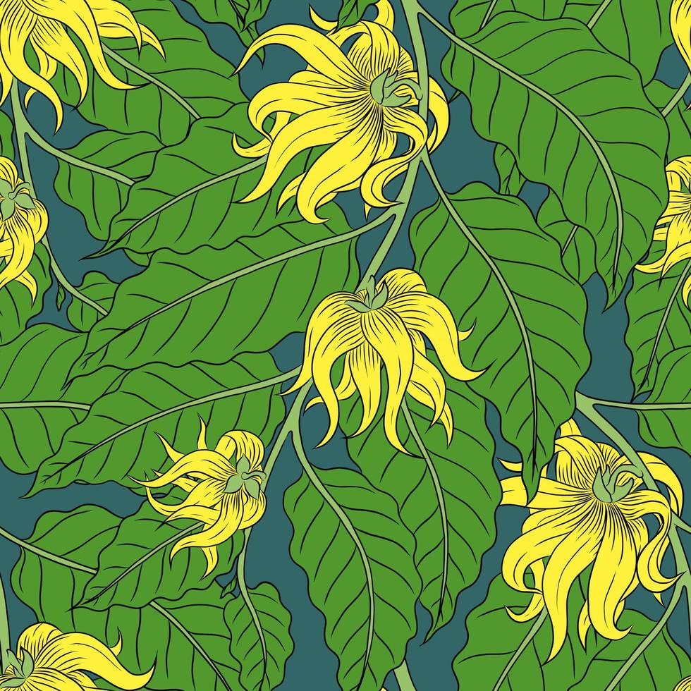 vector patrón verde sin costuras con flores amarillas de ylang-ylang en ramas verdes