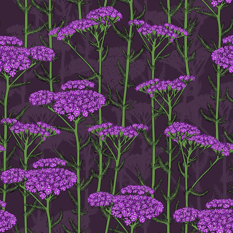 SEAMLESS PURPLE VECTOR PATTERN WITH BLOOMING LILAC YARROW