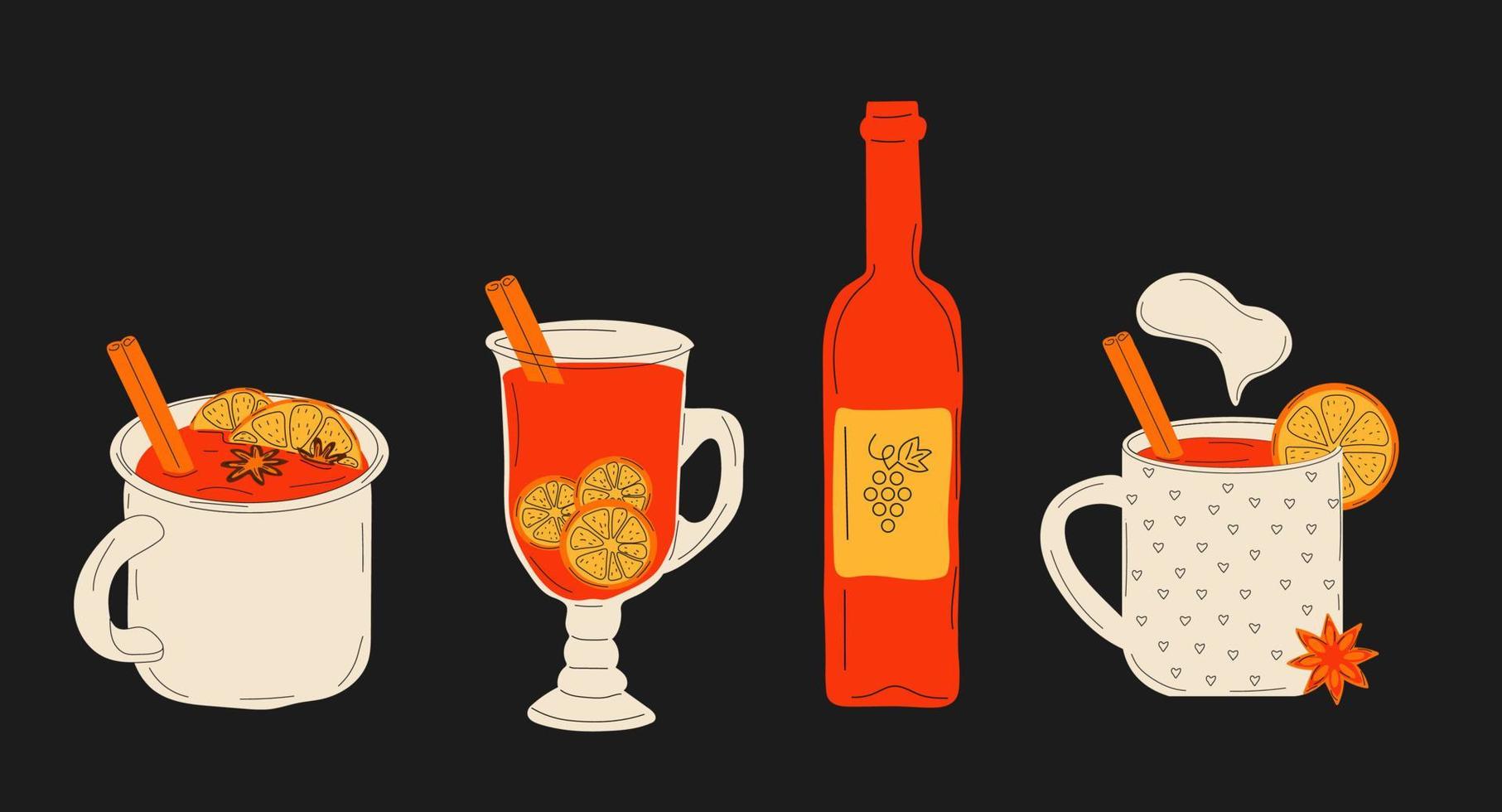 coloque vino caliente en diferentes copas y una botella de vino. vino caliente con canela.vector en estilo de dibujos animados. todos los elementos están aislados vector