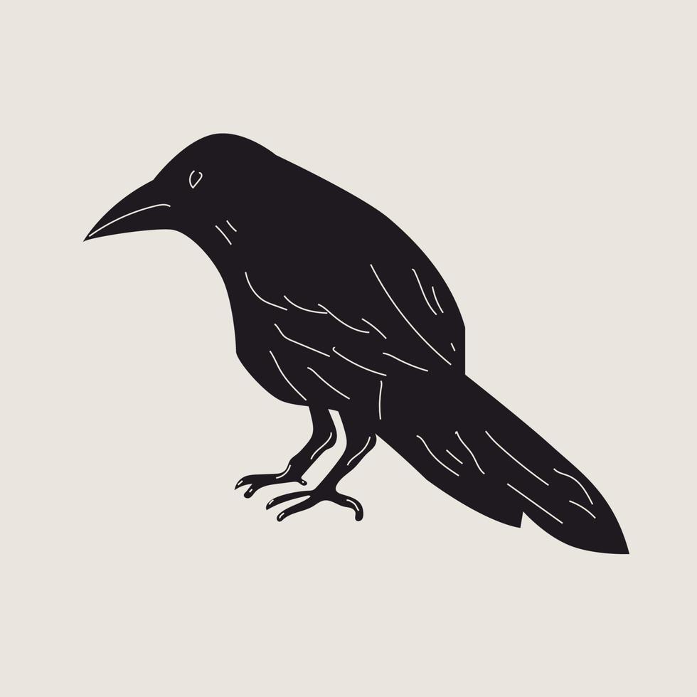 Black Raven or Crow bird. Side view. Cartoon style, flat design. Halloween, horror concept. Hand drawn trendy isolated Vector illustration. Logo, print, design template