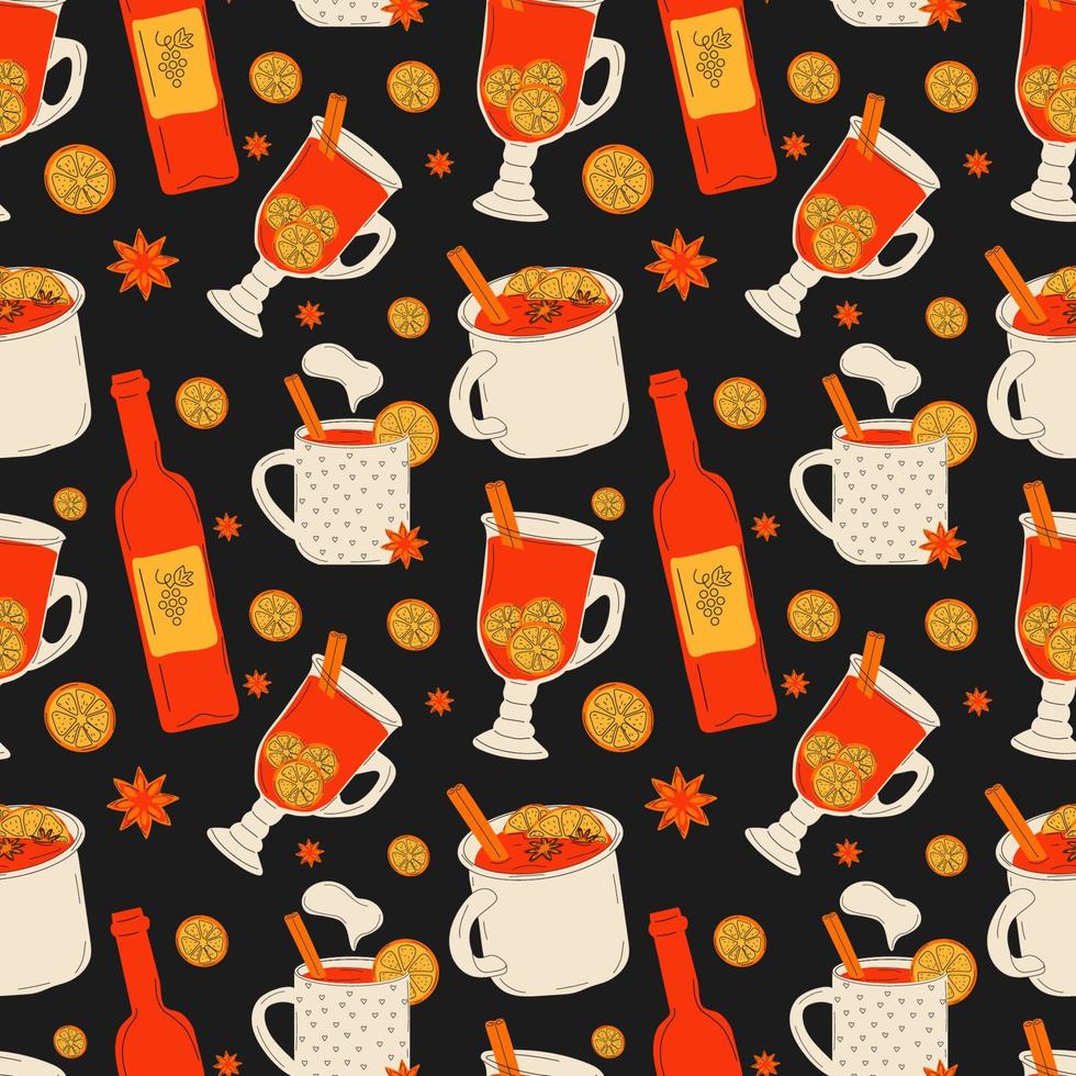Seamless pattern with  mulled wine in  different cups and a bottle of wine. Vector