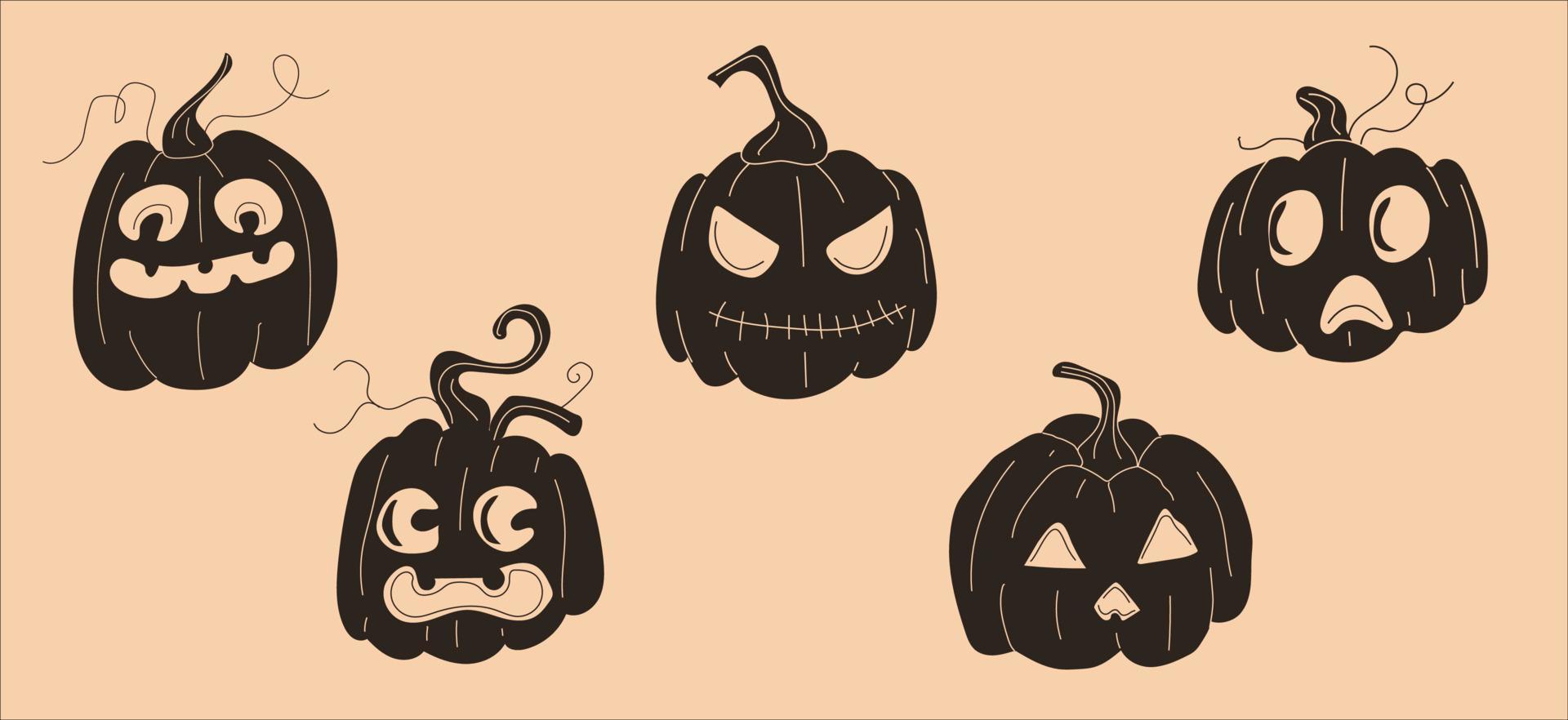 conjunto de calabazas de halloween, caras divertidas. conjunto de vectores en estilo de dibujos animados. todos los elementos están aislados