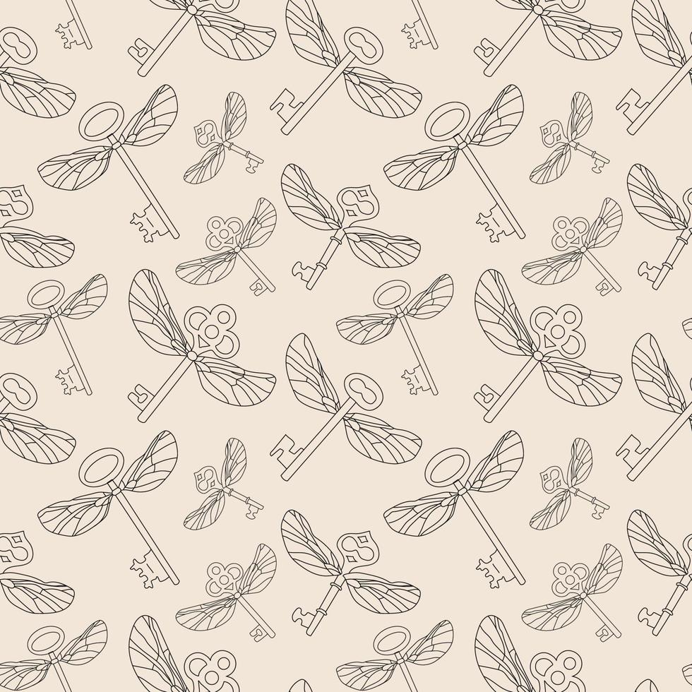 Seamless pattern of magic icons keys with wings. Vector. vector