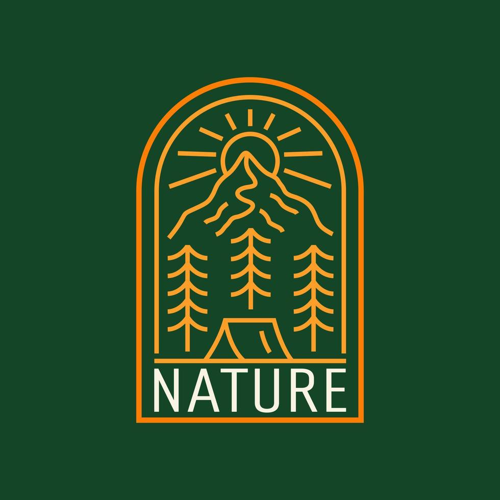 Nature camping mono line mountain design for badge patch emblem graphic vector art t-shirt design