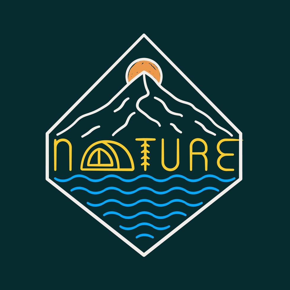 Nature camping mono line mountain design for badge patch emblem graphic vector art t-shirt design