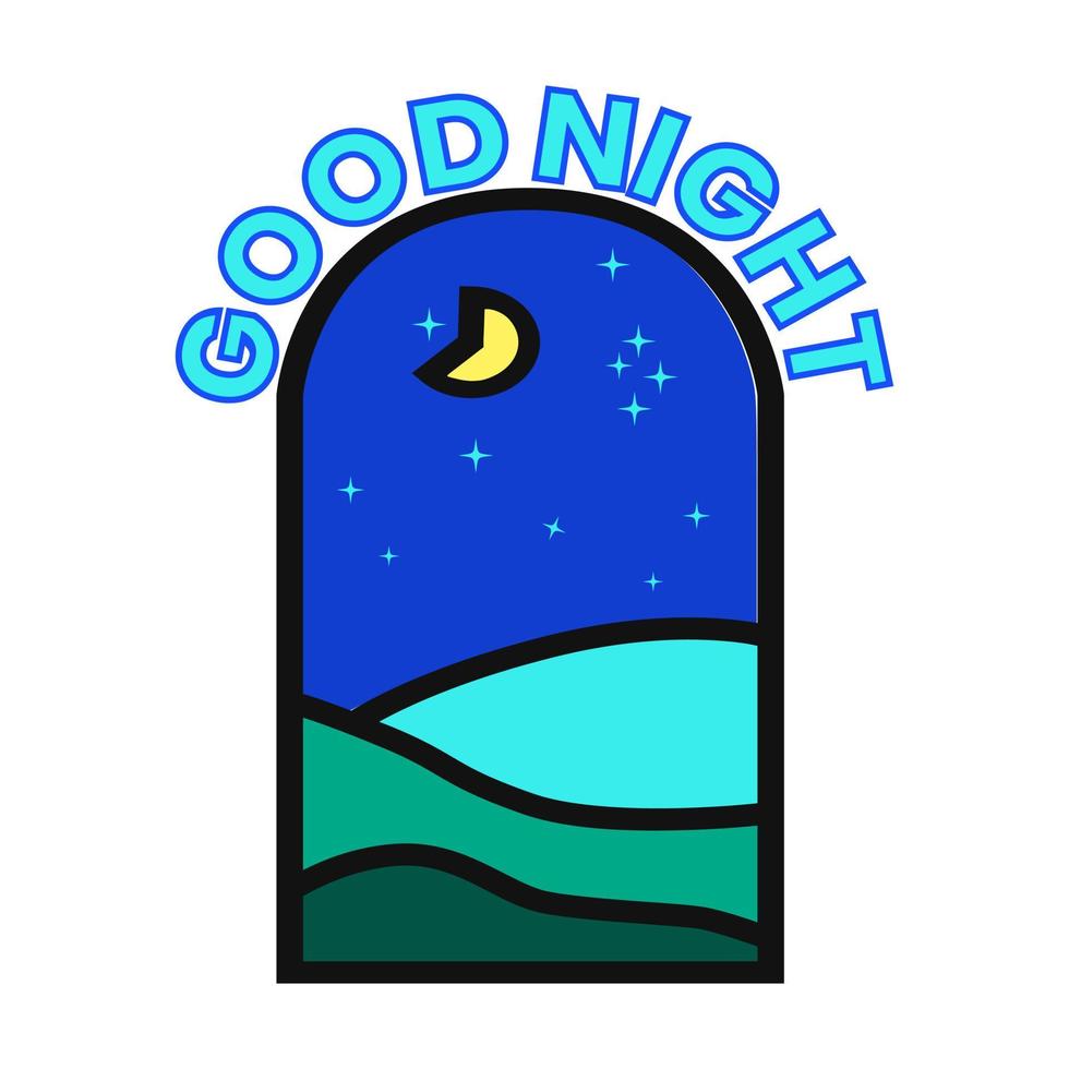 Motivational Stickers about Good Night. Letters Quotes with deep blue color in window looking night sky vector