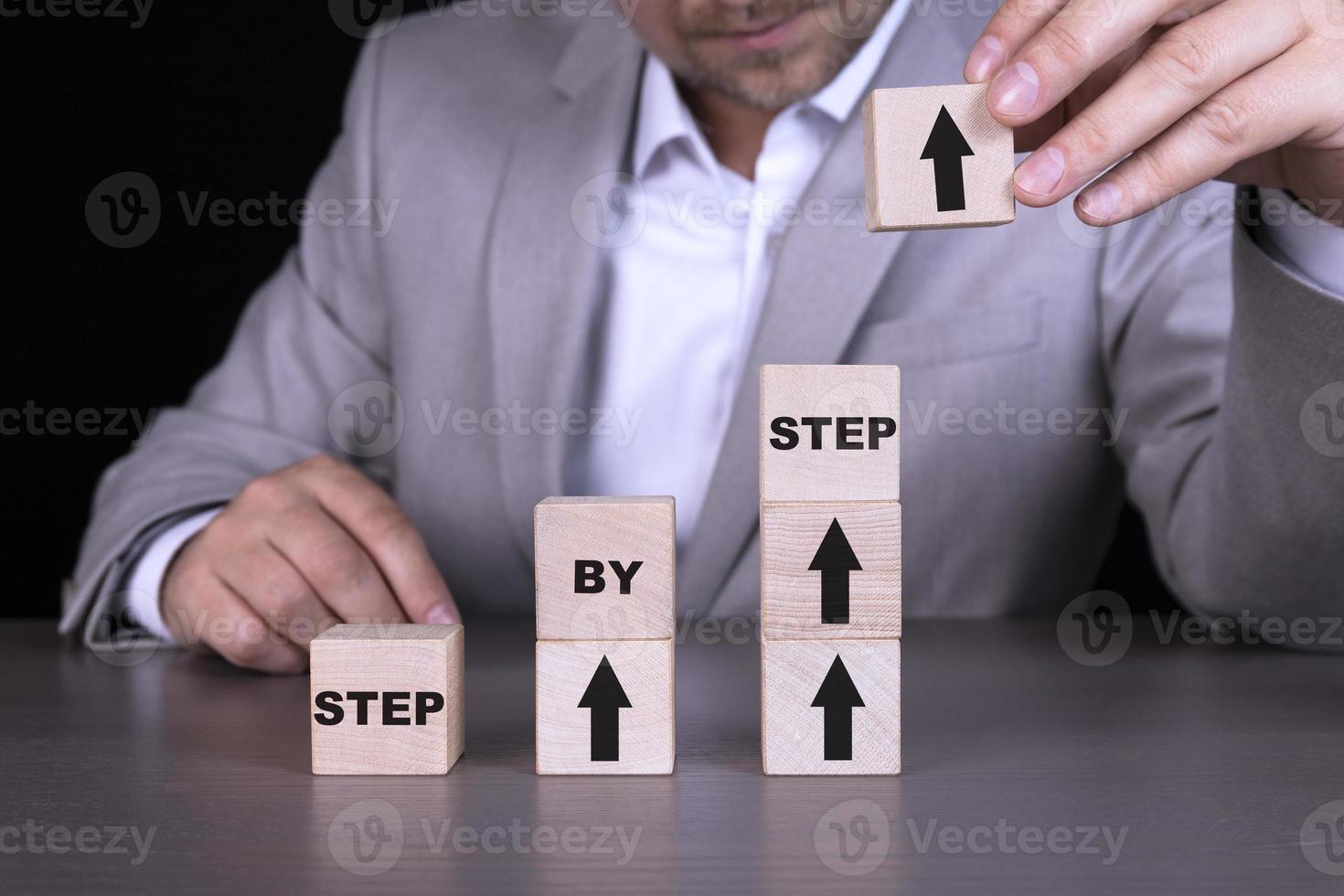 Step by step text, Productivity and improvement, Ladder of success, up arrow symbol. photo