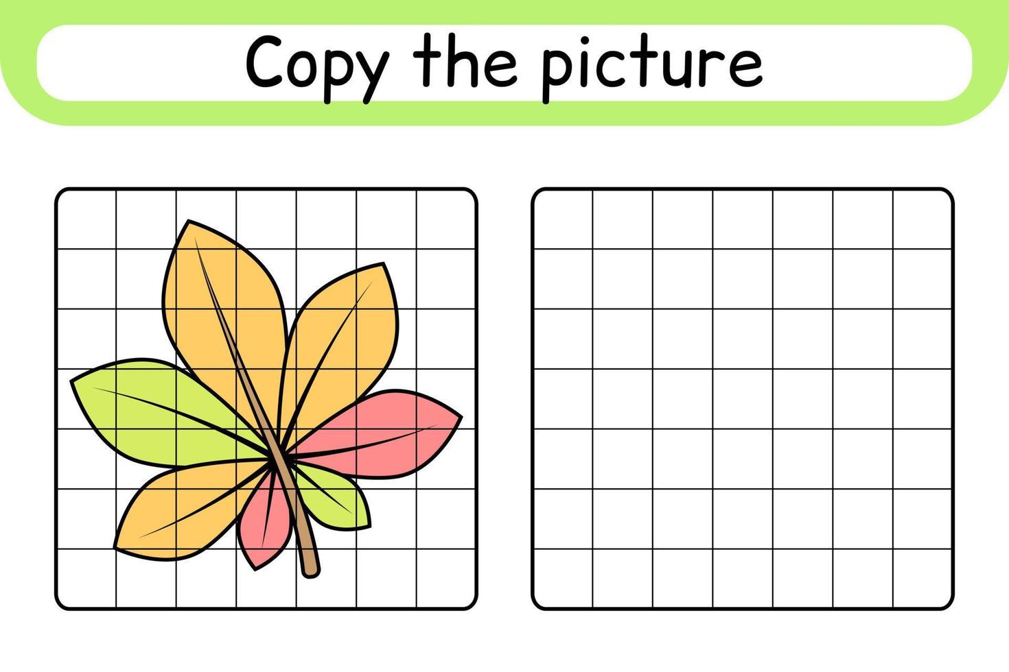 Copy the picture and color leaf chestnut. Complete the picture. Finish the image. Coloring book. Educational drawing exercise game for children vector