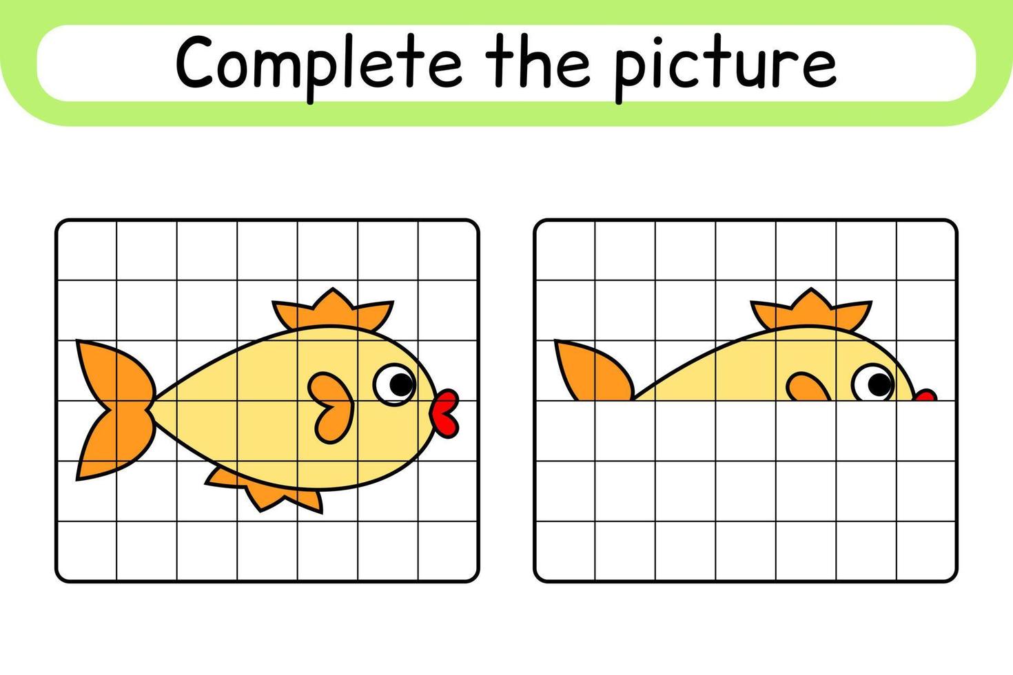 Complete the picture fish. Copy the picture and color. Finish the image. Coloring book. Educational drawing exercise game for children vector