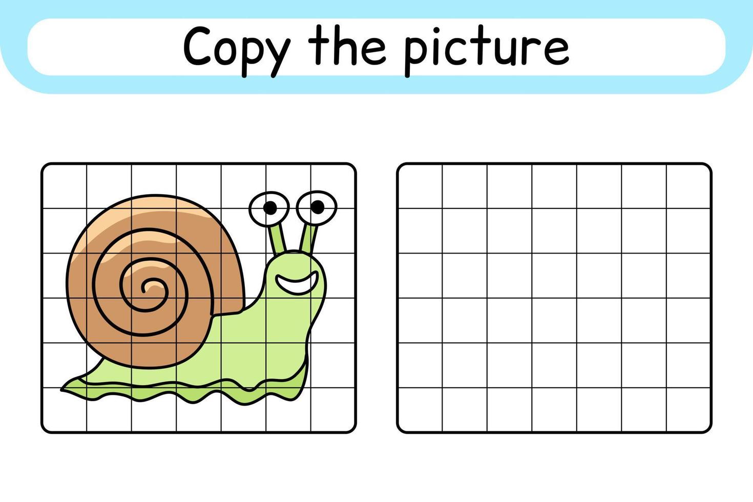 Copy the picture and color snail. Complete the picture. Finish the image. Coloring book. Educational drawing exercise game for children vector