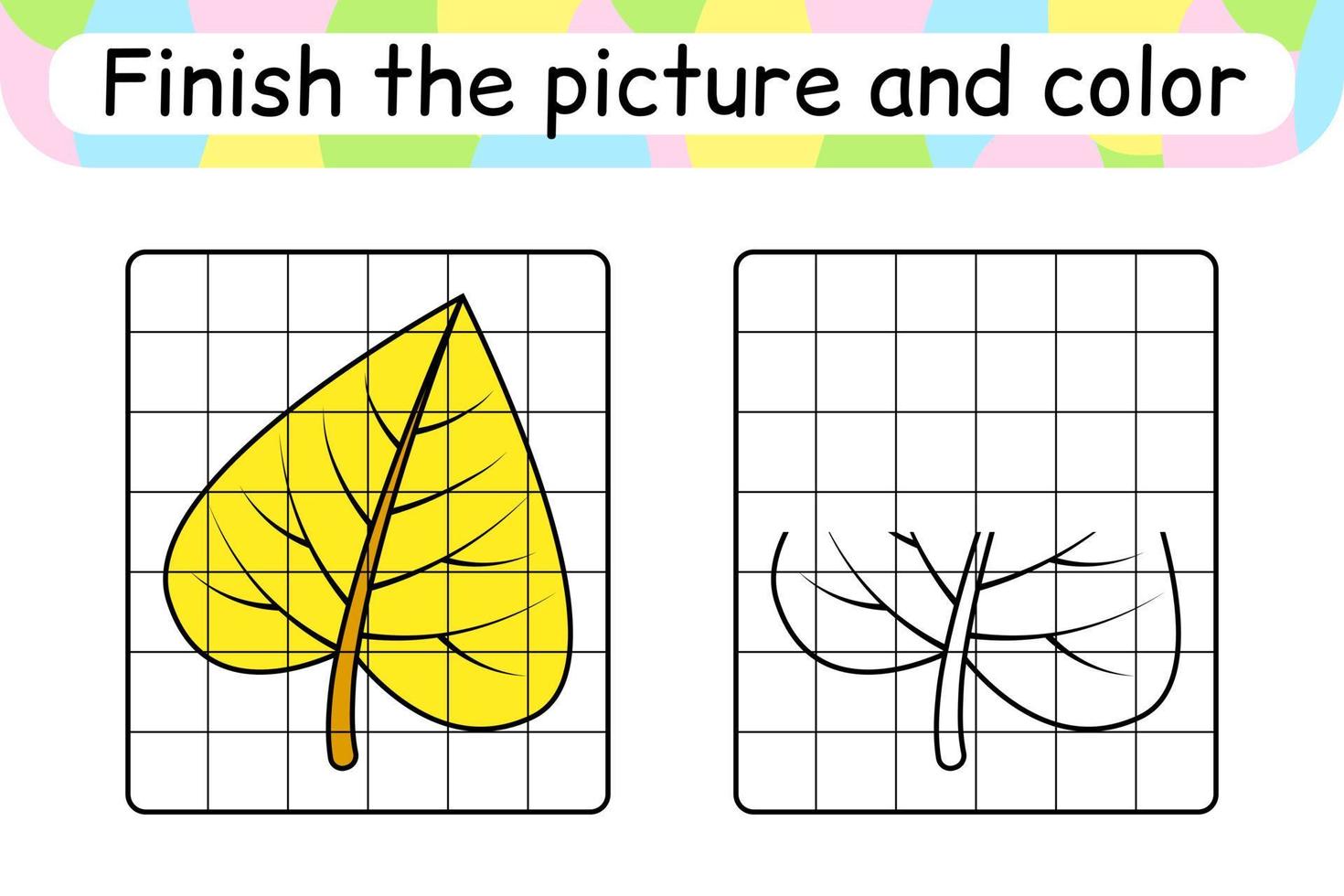 Complete the picture leaf birch. Copy the picture and color. Finish the image. Coloring book. Educational drawing exercise game for children vector