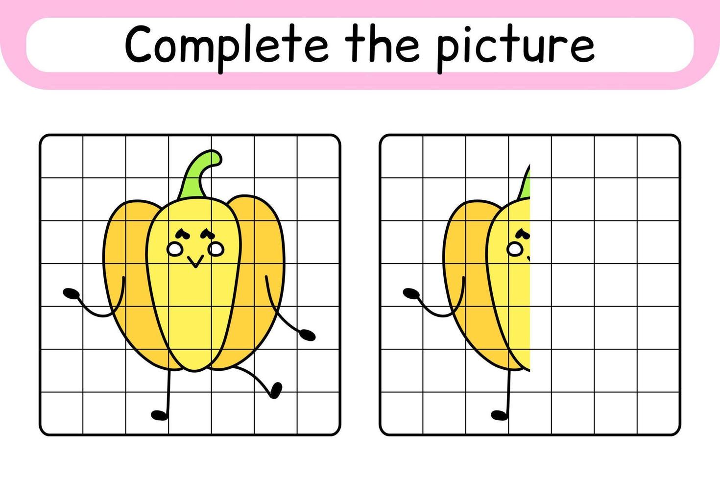 completa el cuadro pimiento. copiar la imagen y el color. terminar la imagen. libro de colorear. juego educativo de ejercicios de dibujo para niños vector