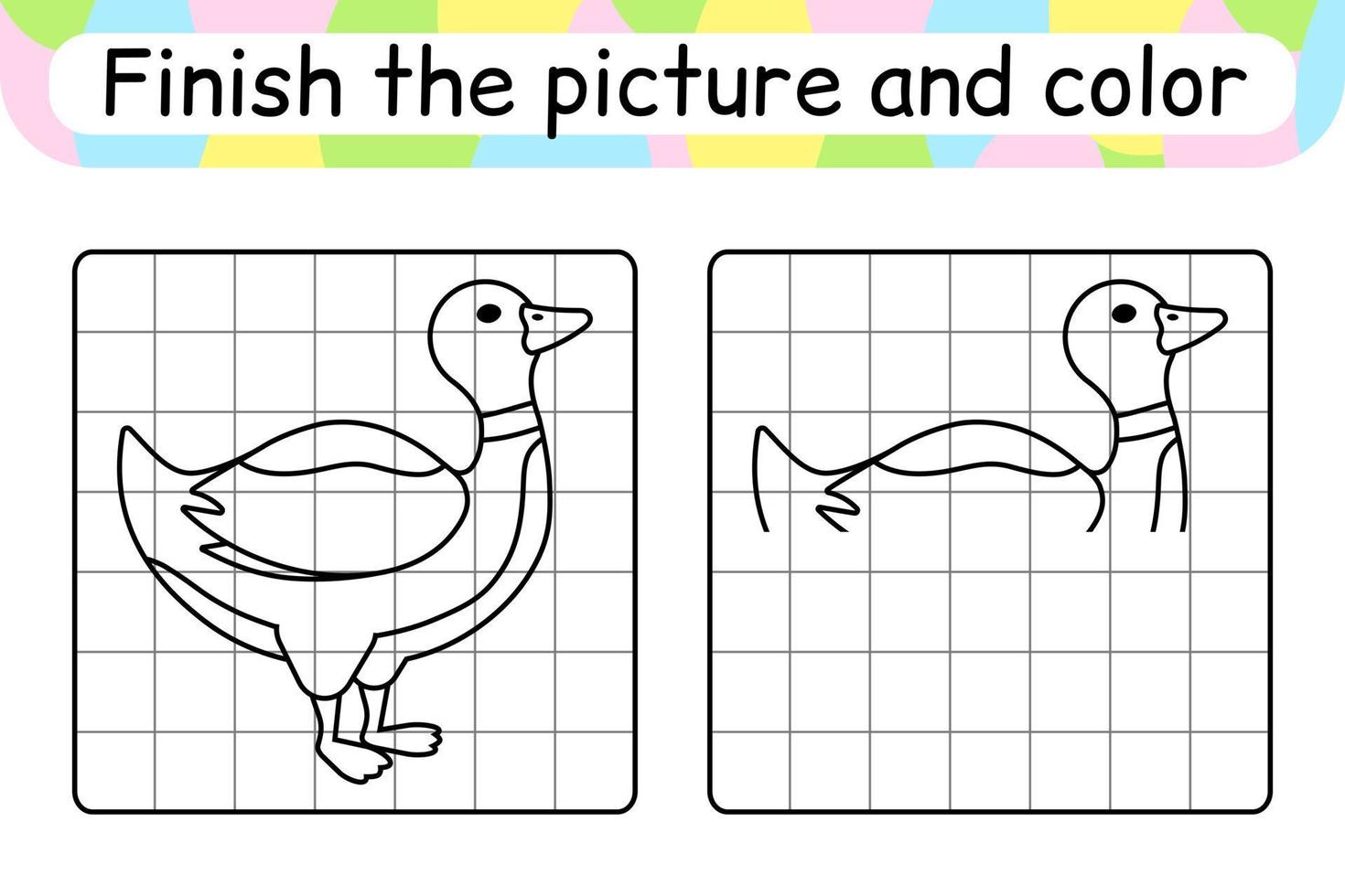 Complete the picture duck. Copy the picture and color. Finish the image. Coloring book. Educational drawing exercise game for children vector