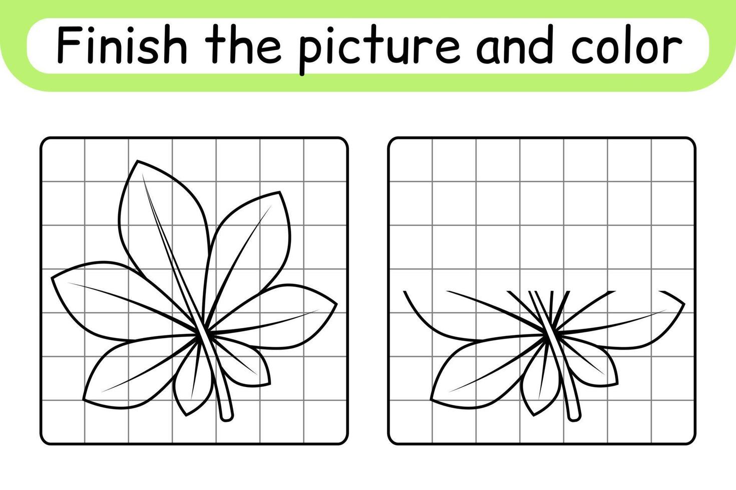 Complete the picture leaf chestnut. Copy the picture and color. Finish the image. Coloring book. Educational drawing exercise game for children vector