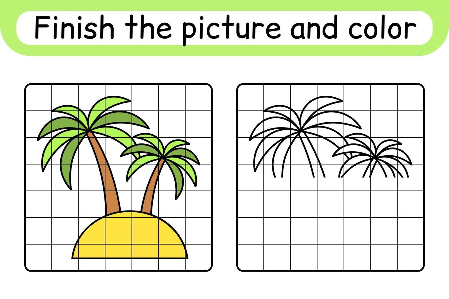Complete the picture palm. Copy the picture and color. Finish the image. Coloring book. Educational drawing exercise game for children vector