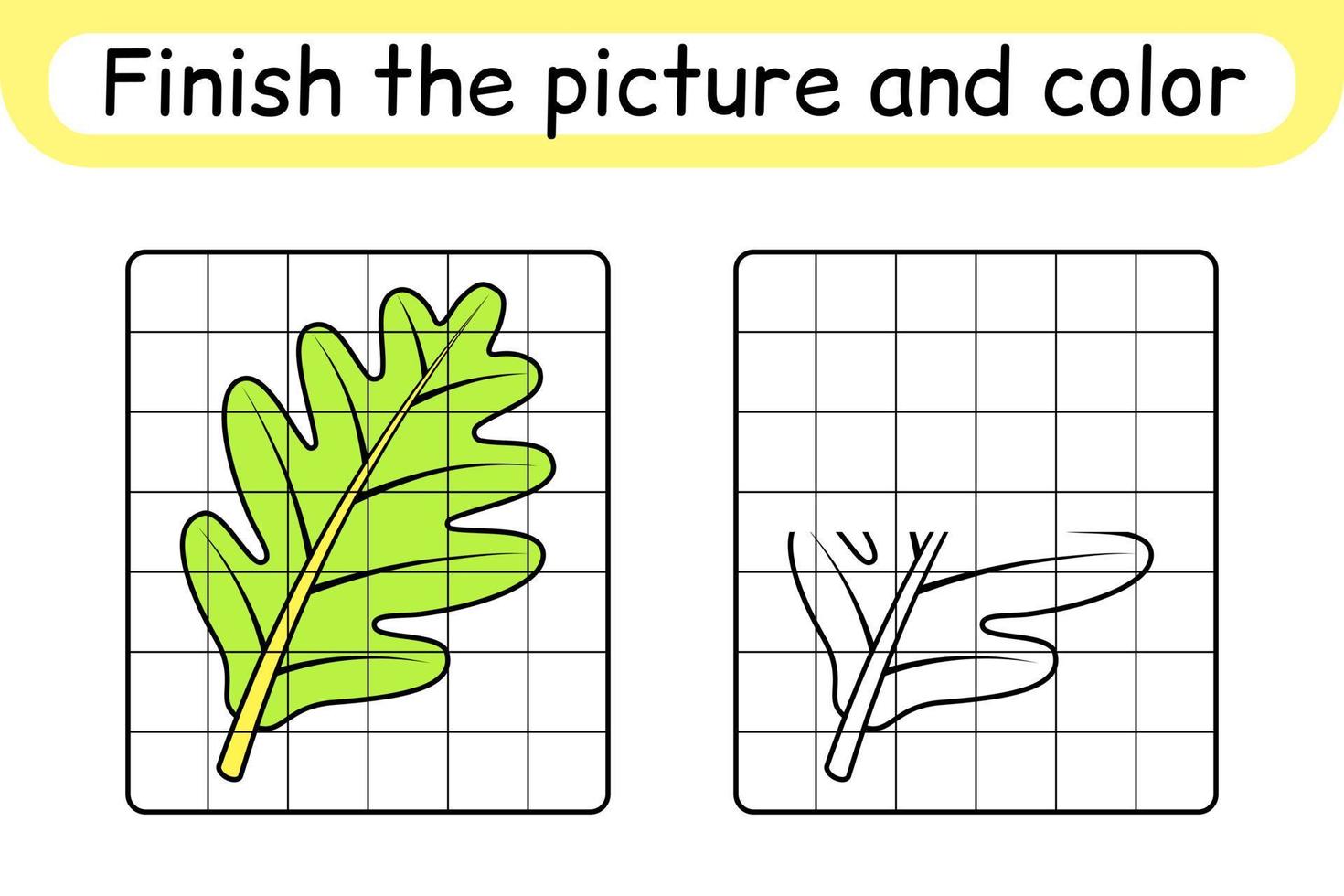 completa el cuadro hoja de roble. copiar la imagen y el color. terminar la imagen. libro de colorear. juego educativo de ejercicios de dibujo para niños vector