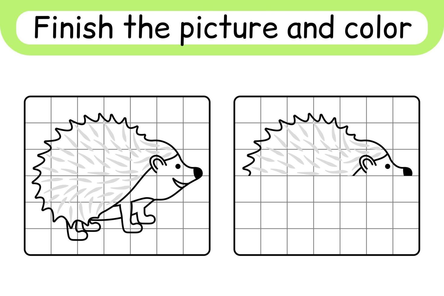 Complete the picture hedgehog. Copy the picture and color. Finish the image. Coloring book. Educational drawing exercise game for children vector