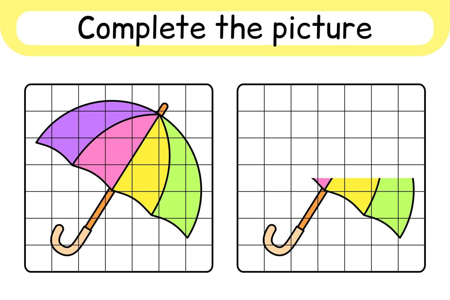 Complete the picture umbrella. Copy the picture and color. Finish the image. Coloring book. Educational drawing exercise game for children vector