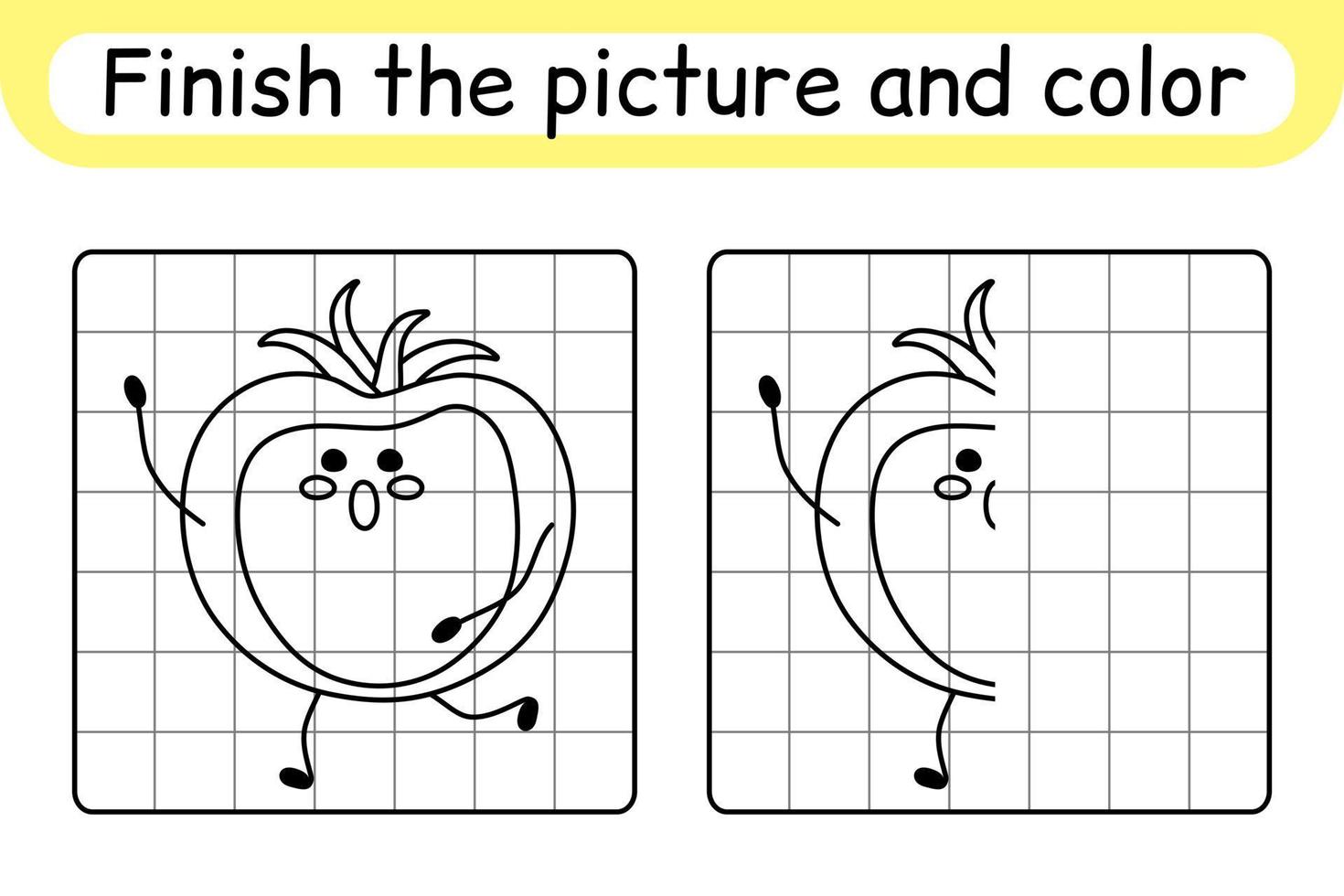 Complete the picture tomato. Copy the picture and color. Finish the image. Coloring book. Educational drawing exercise game for children vector