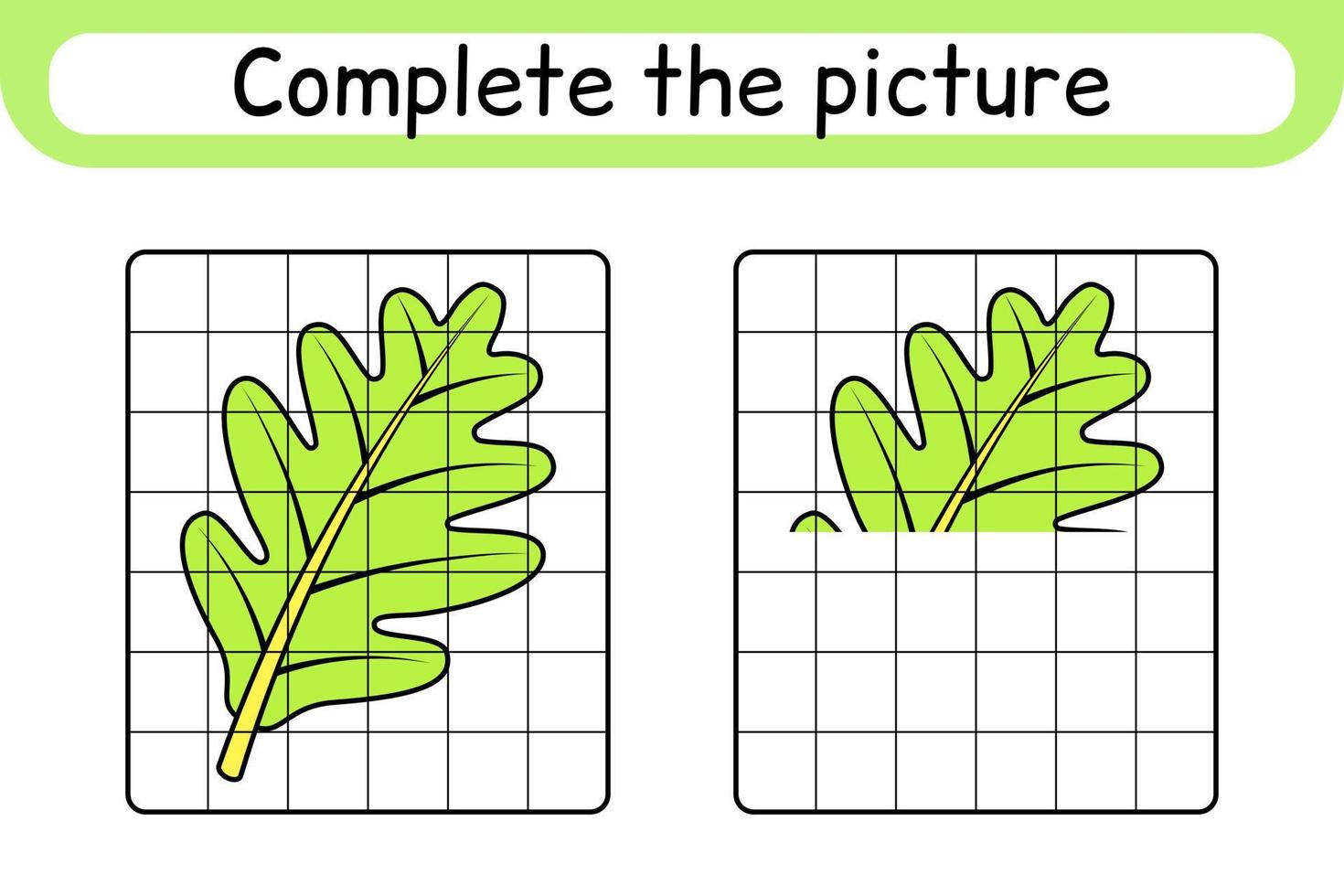 completa el cuadro hoja de roble. copiar la imagen y el color. terminar la imagen. libro de colorear. juego educativo de ejercicios de dibujo para niños vector