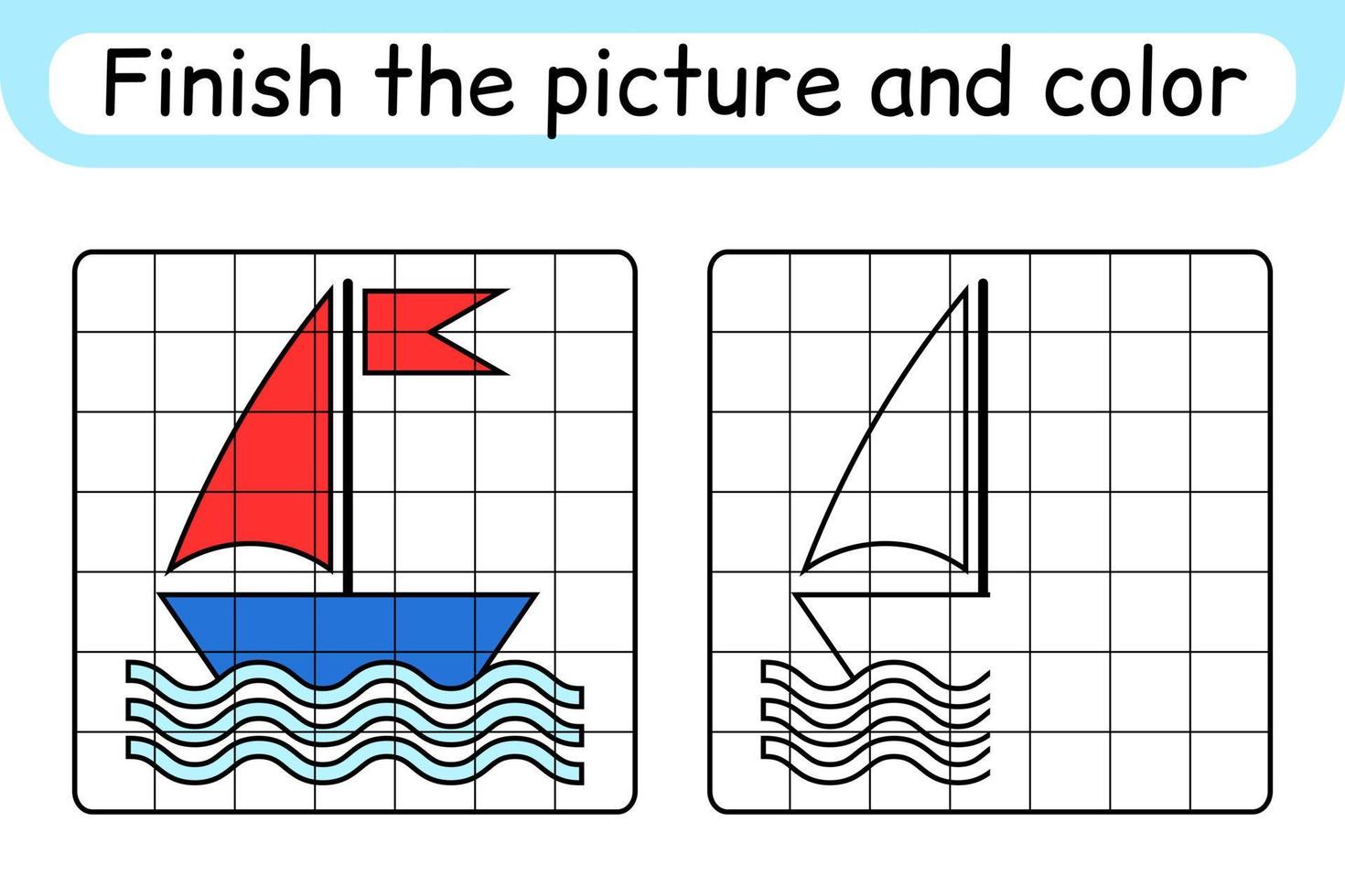 Complete the picture ship. Copy the picture and color. Finish the image. Coloring book. Educational drawing exercise game for children vector