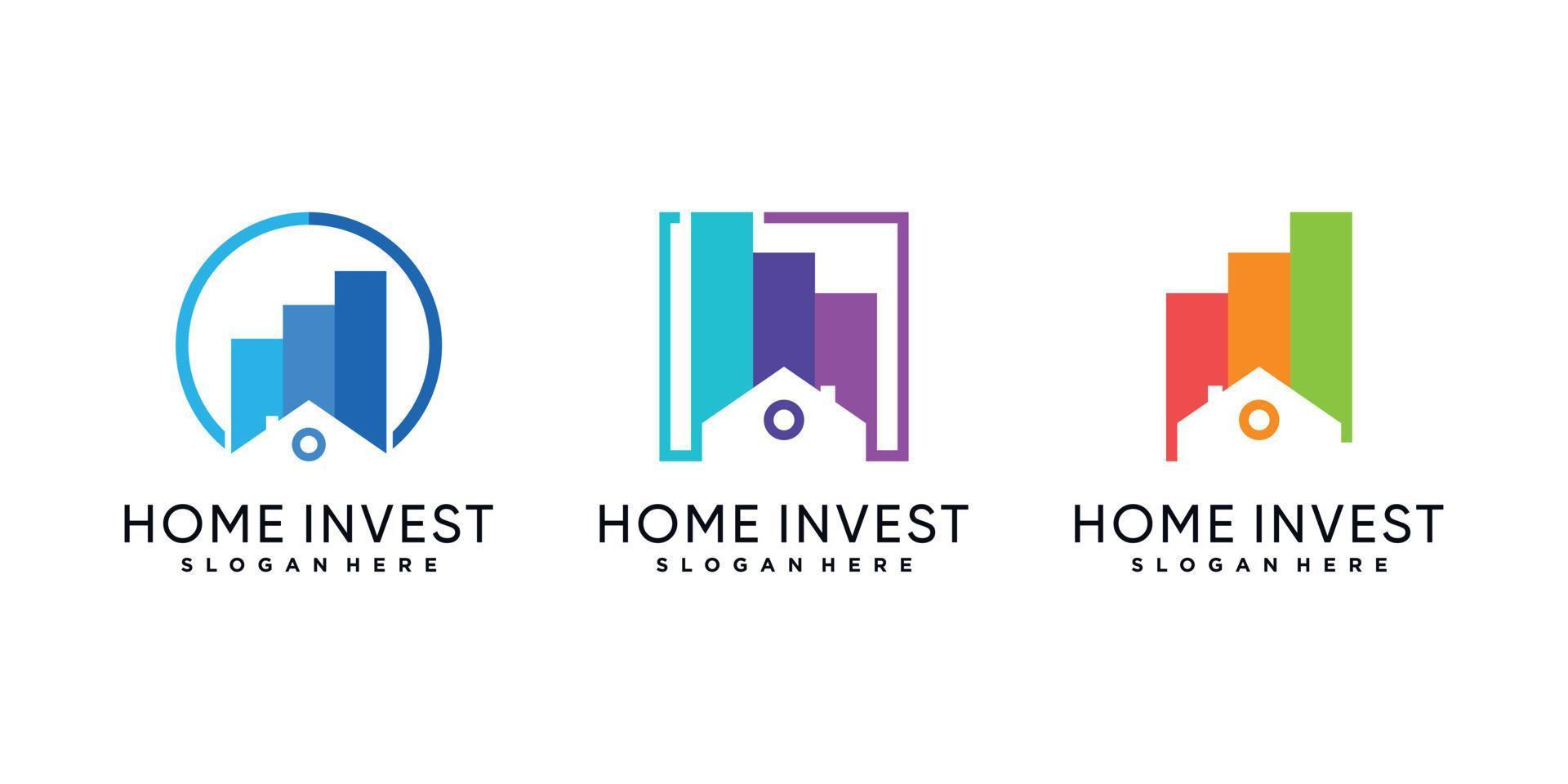 conjunto de paquete de diseño de logotipo de inversión en casa con icono de estadística y vector premium de concepto creativo