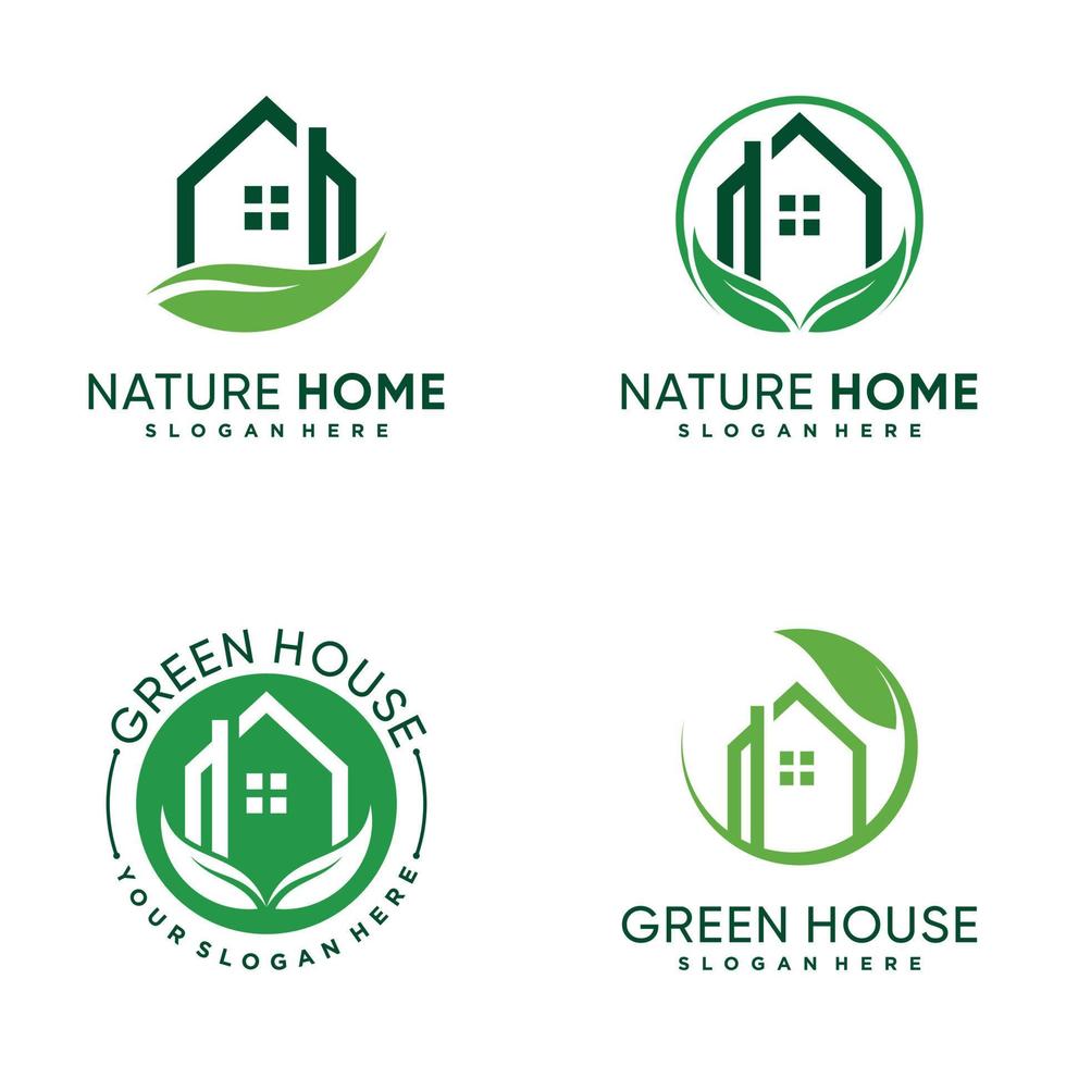 conjunto de paquete de diseño de logotipo de la casa de la naturaleza con icono de hoja verde y vector premium de concepto creativo