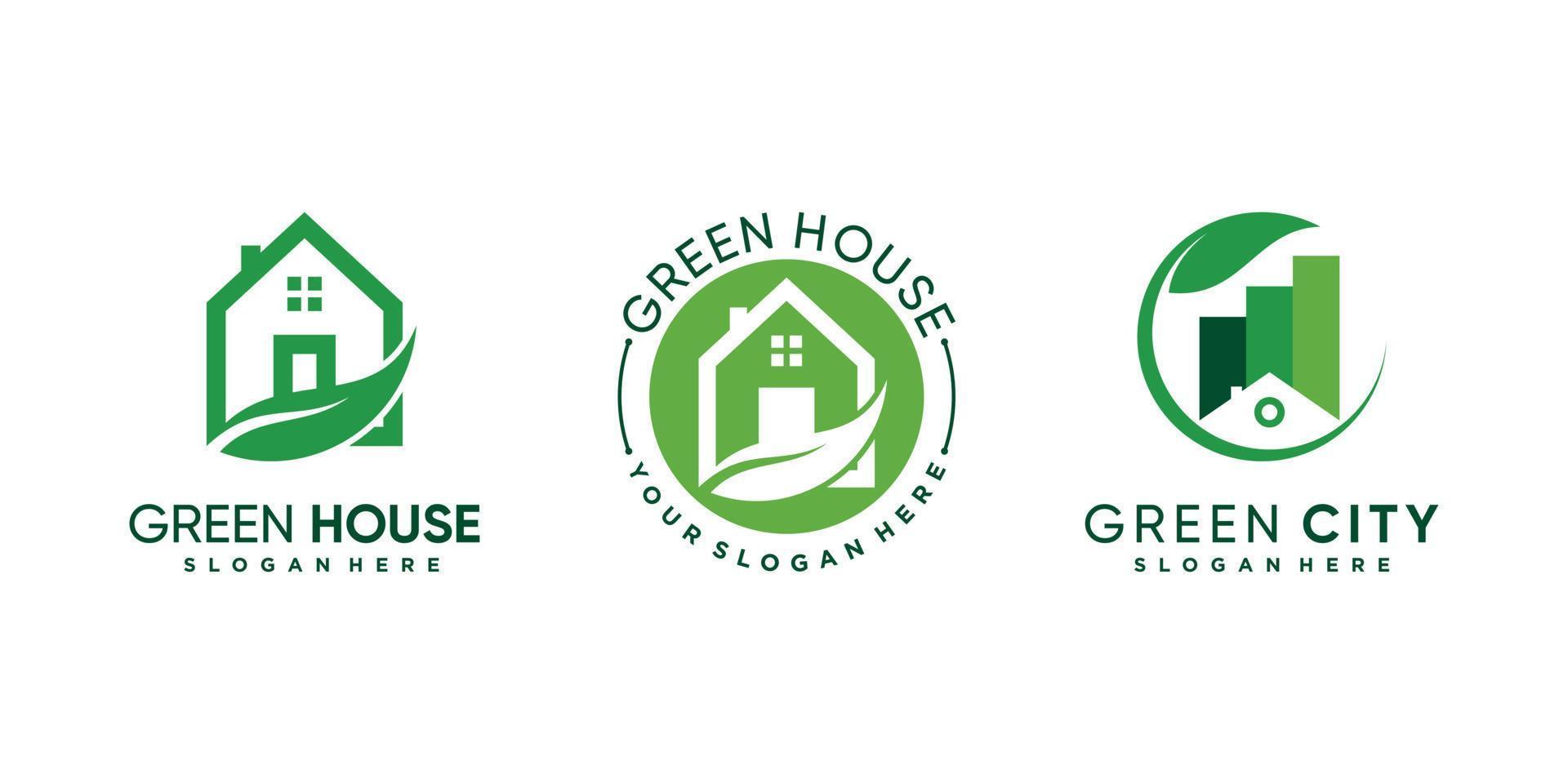 Set of green house icon logo design bundle with unique concept and leaf element Premium Vector