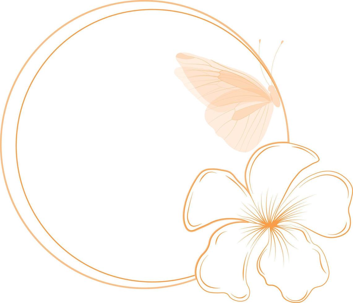 marco redondo con flor de plumeria y mariposa. ilustración de stock vectorial. delicadas alas de mariposa. diseño elegante para invitaciones, postales, avatares para redes sociales. aislado en un blanco vector