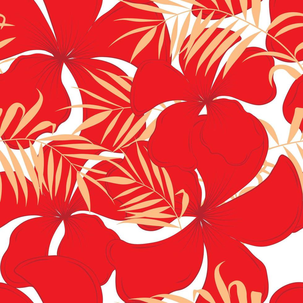 Floral seamless pattern. Tropical red flowers. Plumeria. Vector stock illustration. Golden palm leaves.