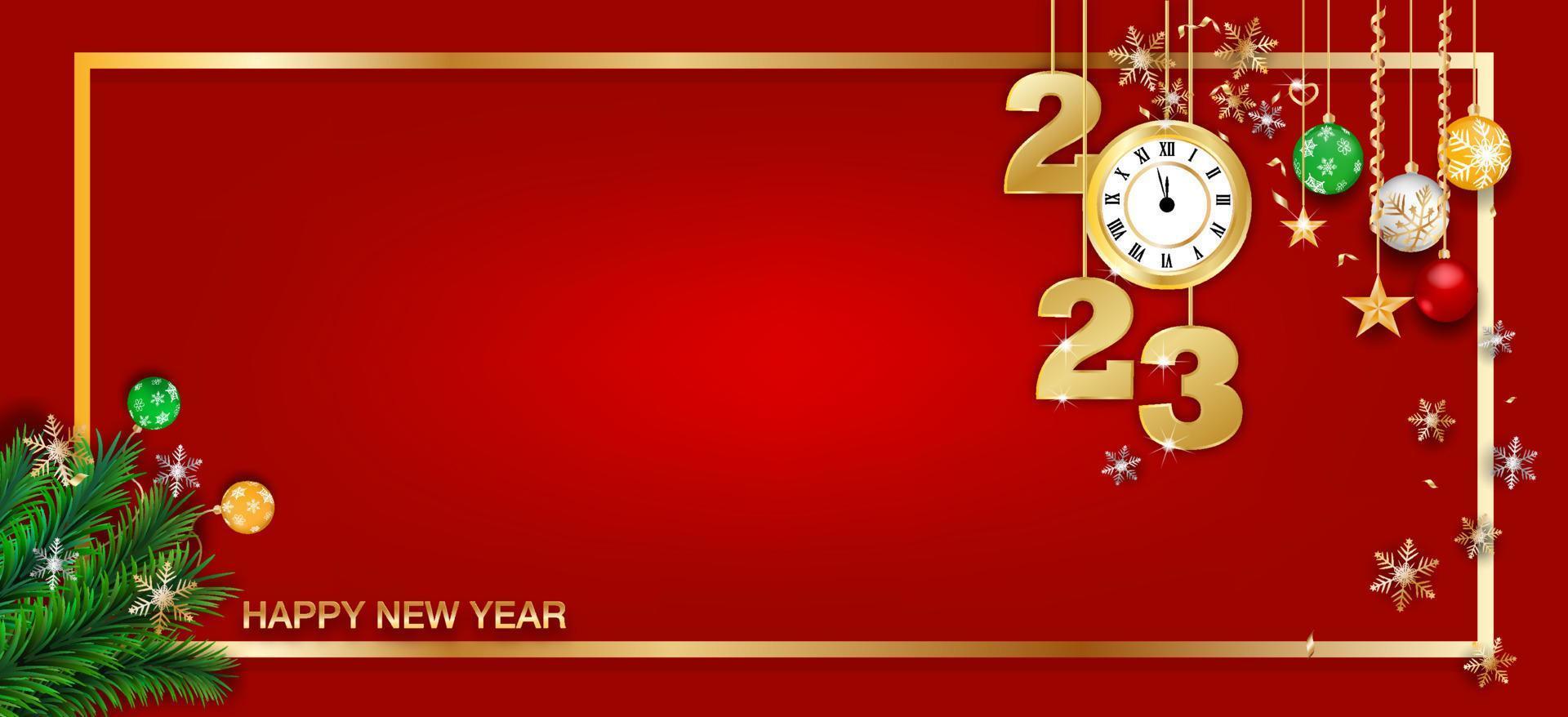 feliz año nuevo colores dorado y rojo lugar para texto con bolas de navidad 2022 de ilustración vectorial. vector