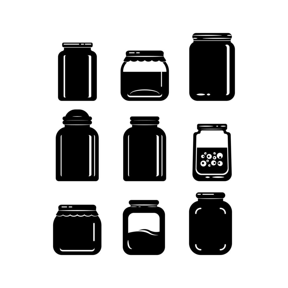Black and white silhouettes of various jars. Set of icons of jars, containers and packaging isolated. Vector illustration