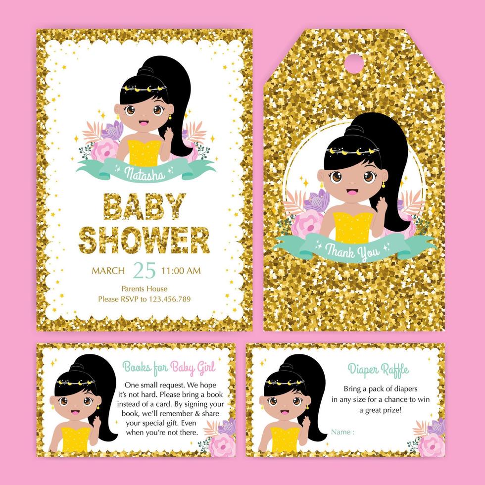 conjunto de invitación de baby shower de princesa amarilla vector