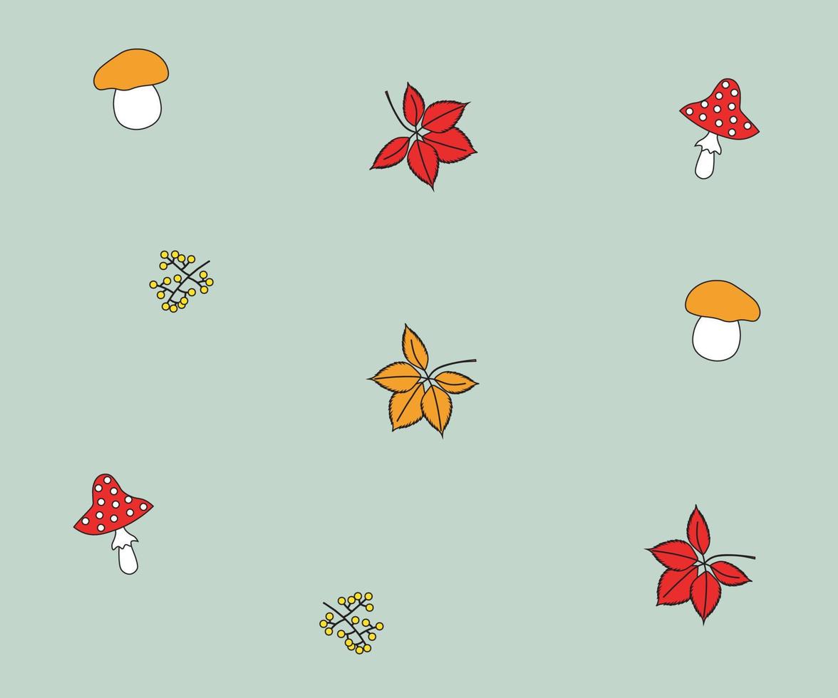 autumn doodle forest pattern of mushrooms, leaves and berries vector