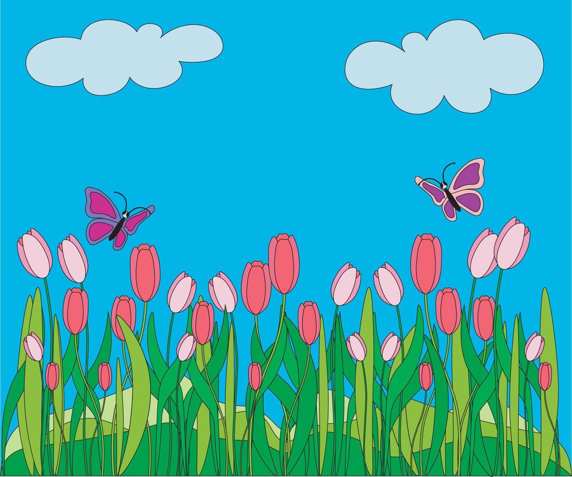 un hermoso paisaje cálido y brillante de primavera-verano de un campo floreciente con tulipanes y mariposas vector