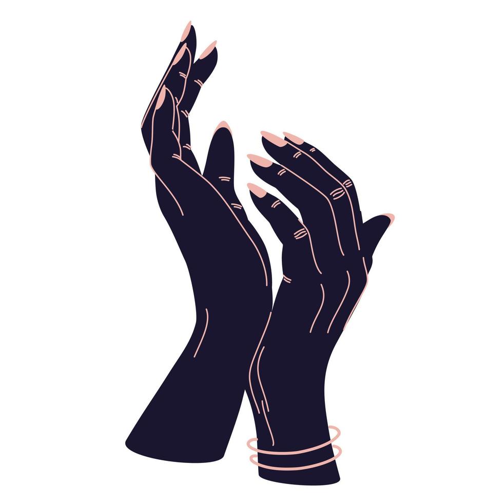 Women's hands. Female hands with various gestures. Alchemy esoteric magic celestial talisman with witchcraft hands sacred geometry. Vector illustration fashionable minimalistic style.