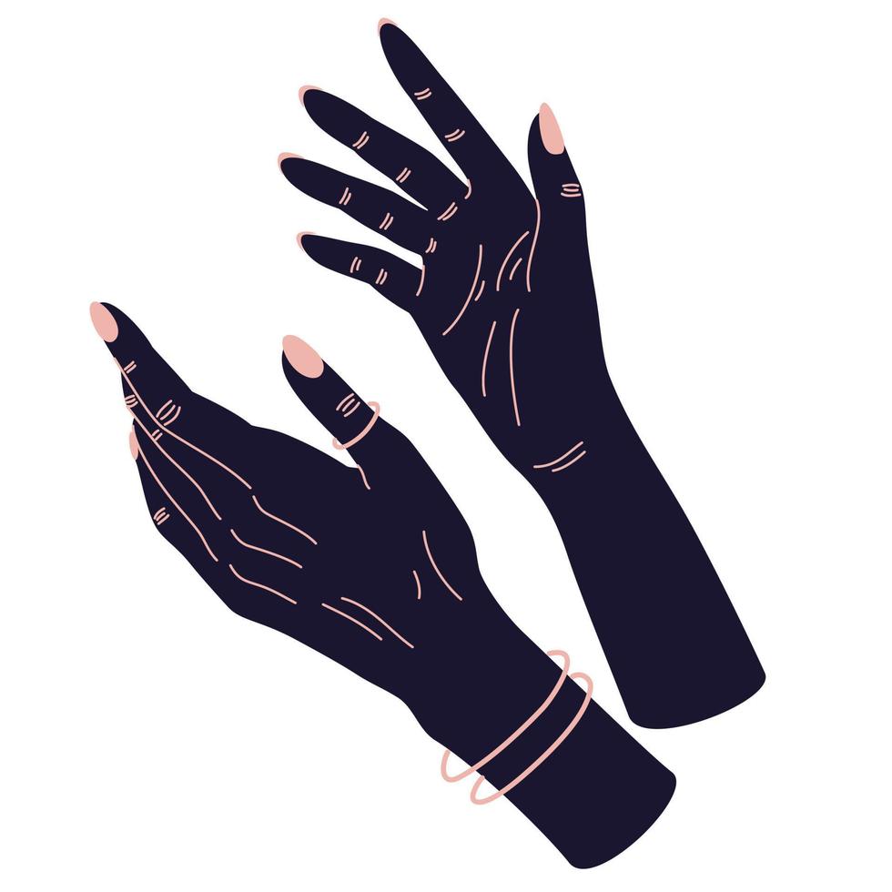 Women's hands. Female hands with various gestures. Alchemy esoteric magic celestial talisman with witchcraft hands sacred geometry. Vector illustration fashionable minimalistic style.