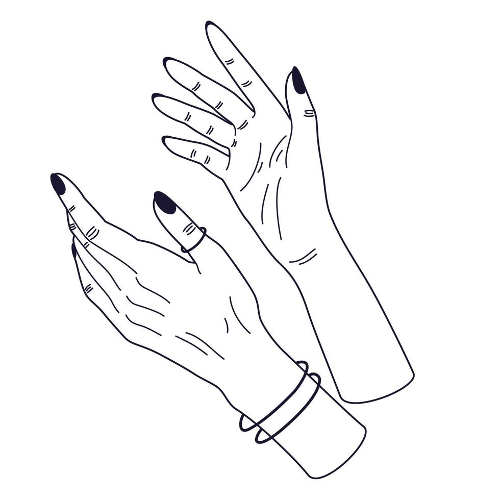 Women's hands. Female hands with various gestures. Perfect for logos, prints, patterns, posters and other designs. Vector illustration fashionable minimalistic linear style.