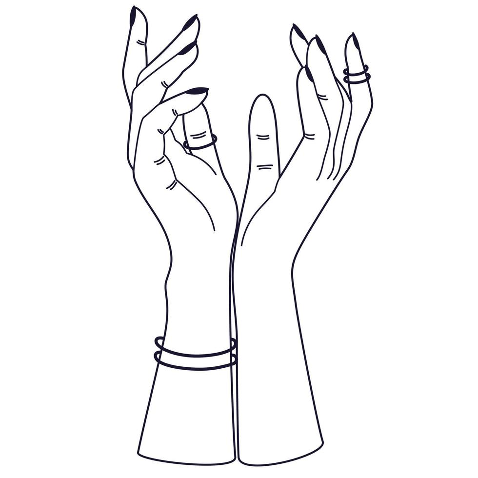 Women's hands. Female hands with various gestures. Perfect for logos, prints, patterns, posters and other designs. Vector illustration fashionable minimalistic linear style.