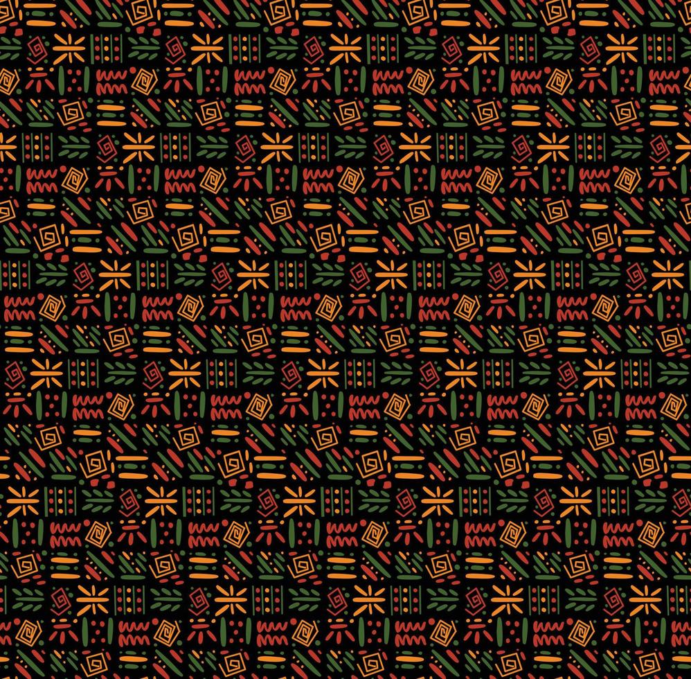 Choque africano étnico tribal sin fisuras de fondo. vector rojo, amarillo, símbolos verdes, líneas cuadradas repetidas como telón de fondo para el mes de la historia negra, diecinueve de junio, impresión kwanzaa, pancarta, papel tapiz