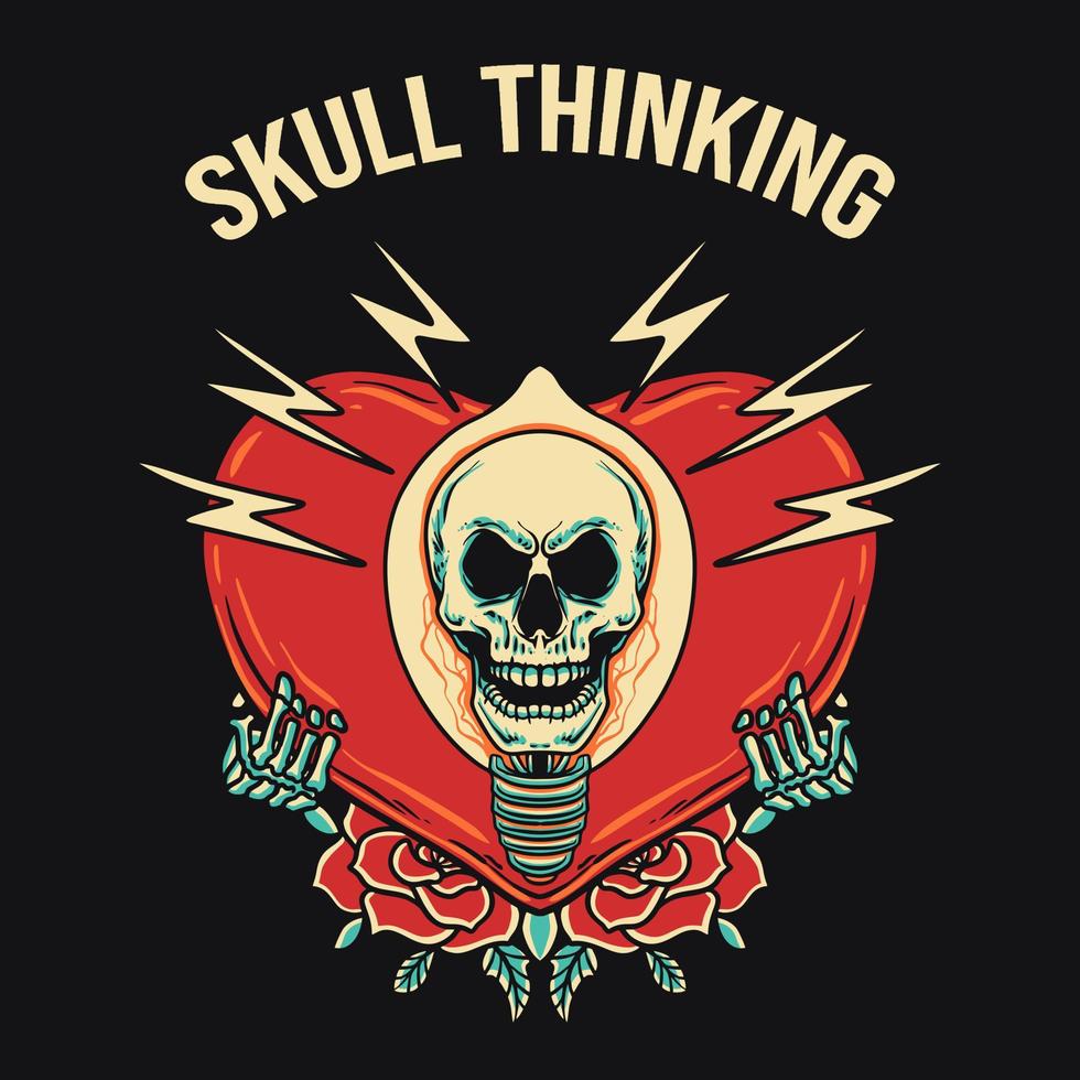 Skull Thinking Hearth Retro Vector Illustration