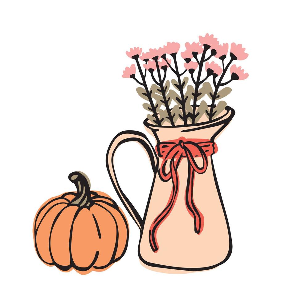 Autumn composition with pumpkin. Still life with plants in vase with home decor. Hand drawn vector illustration.