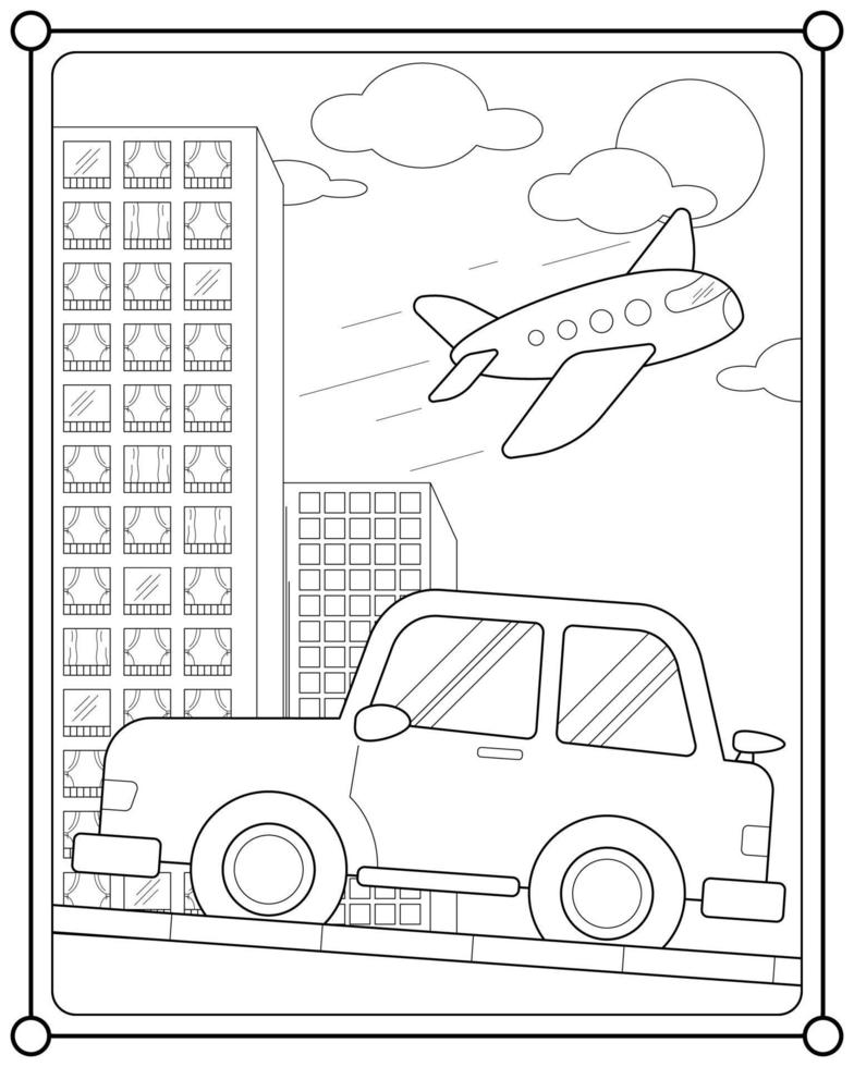 coches y aviones en la ciudad adecuados para la ilustración vectorial de la página de coloreado de los niños vector