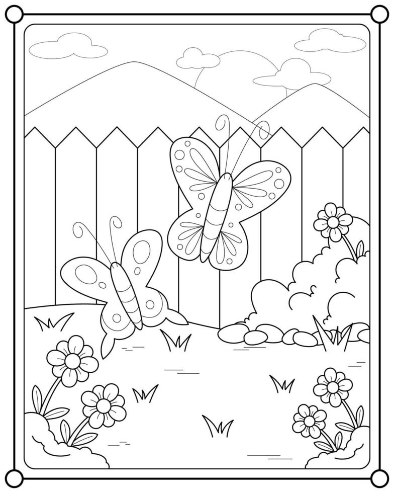 hermosas mariposas y flores en el jardín adecuadas para la ilustración vectorial de la página de color de los niños vector