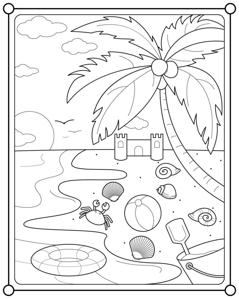playa de verano adecuada para la ilustración de vector de página para colorear de niños