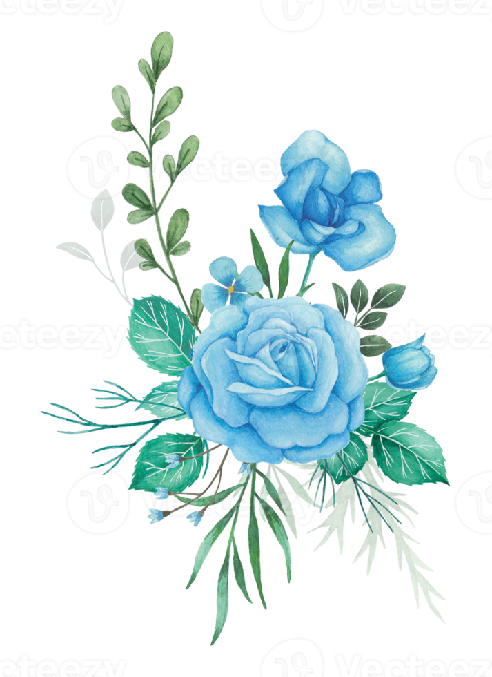 ramo de flores de acuarela con rosas azules y hojas verdes ilustración